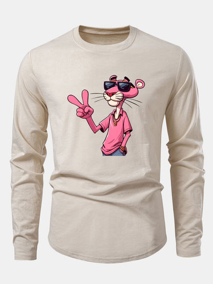 Pink Panther With V Sign Print Cotton Arc Hem T-Shirt