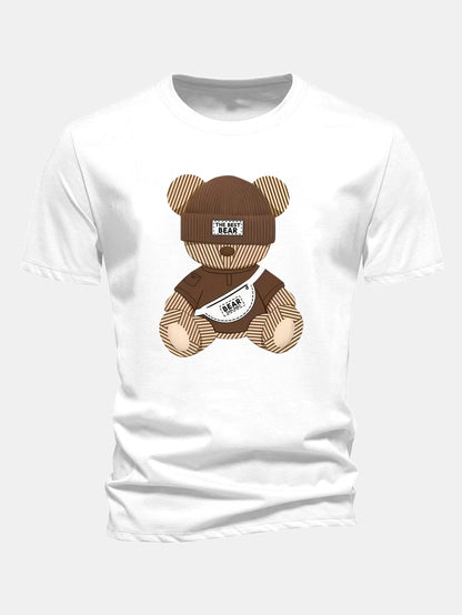 Regular Fit Stripe Bear Print Cotton T-Shirt