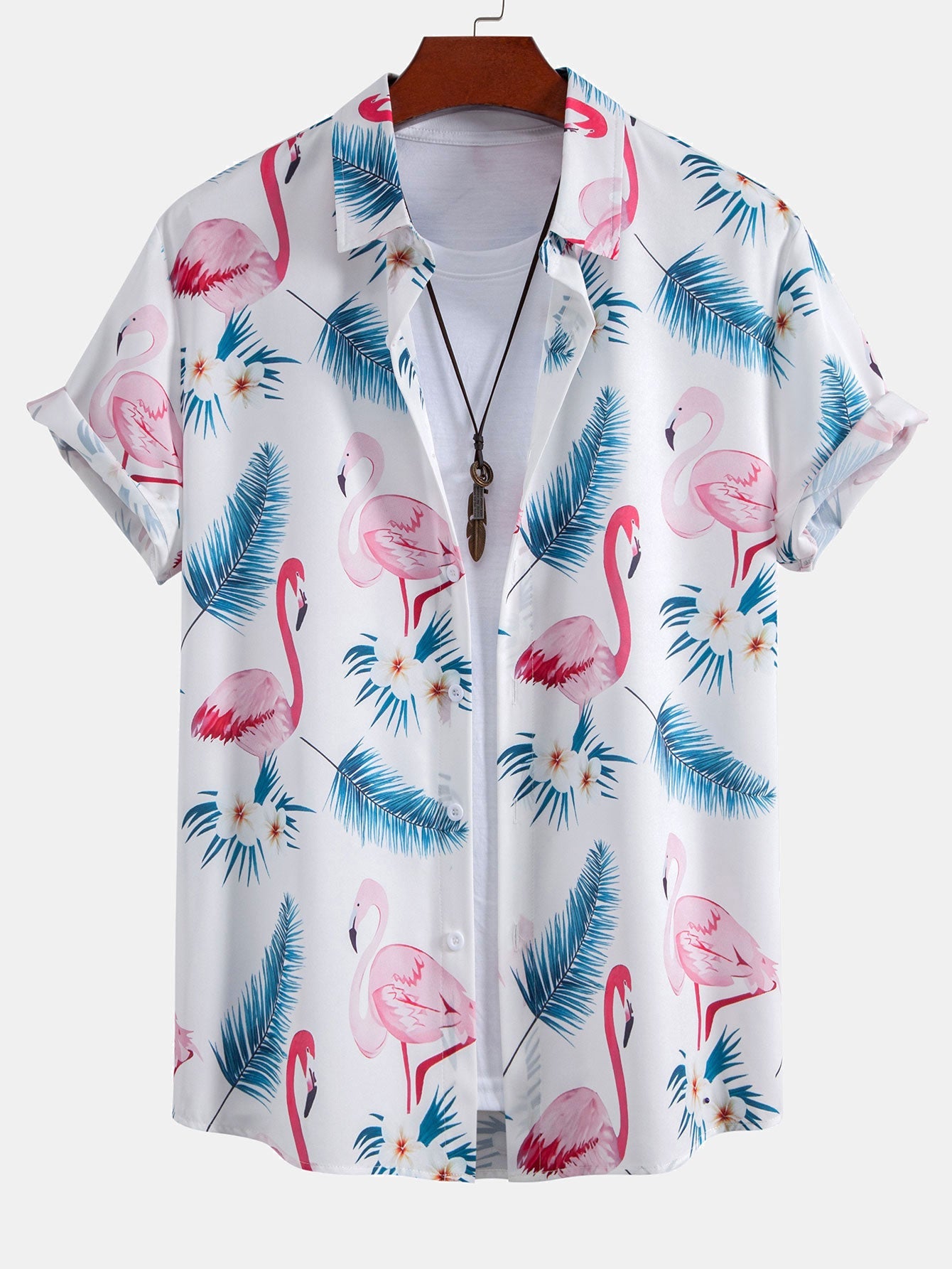 Flamingo Leaf Print Button Up Shirt