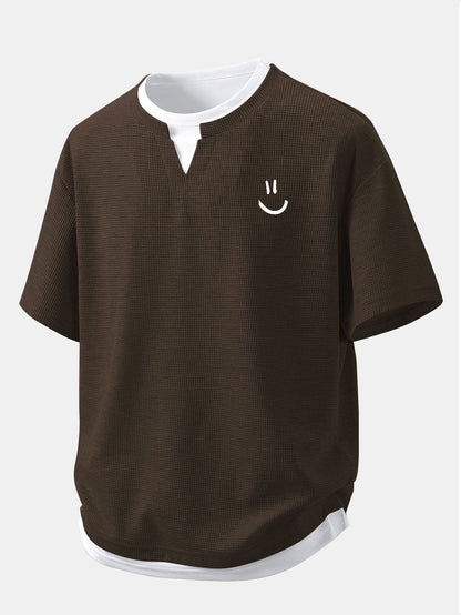 Relax Fit Smiley Face Print 2 In 1 Notched Collar Waffle T-Shirt