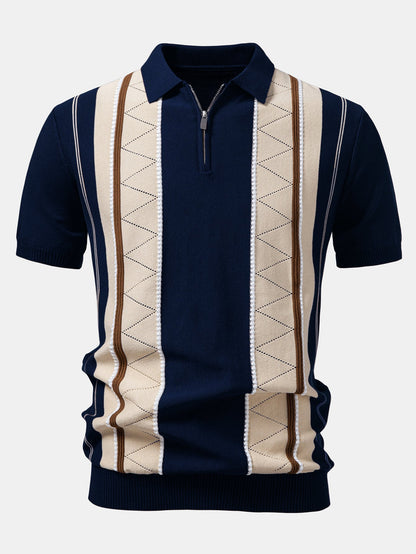 Contrast Striped Geometric zipper Knit Polo