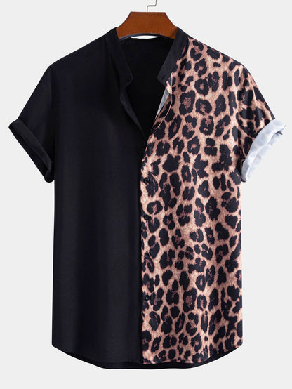 Leopard Patchwork Stand Collar Shirt