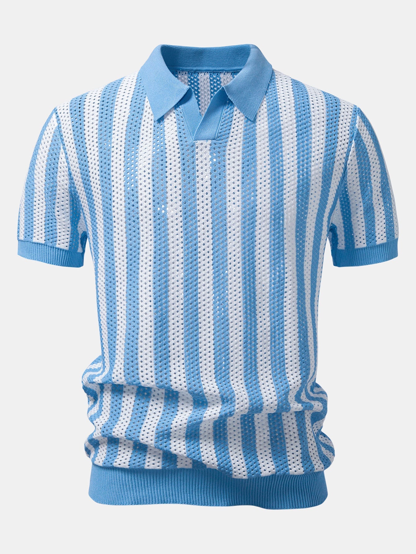 Stripe Johnny Collar Open Knit Polo