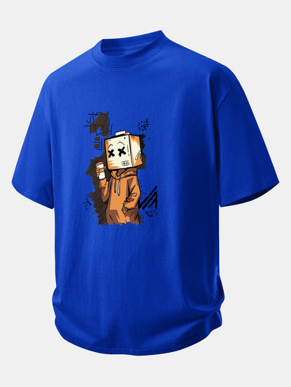 Relax Fit Cartoon Box Head Print Cotton T-Shirt