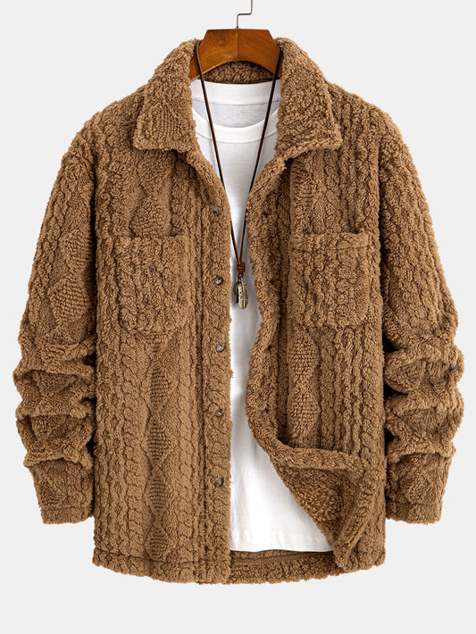 Geometric Jacquard Teddy Fleece Button Up Shirt