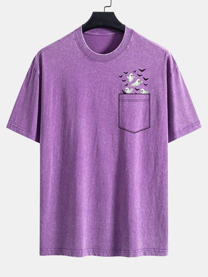 Pocket Bat Ghost Print Washed Distressed Drop Shoulder T-Shirt