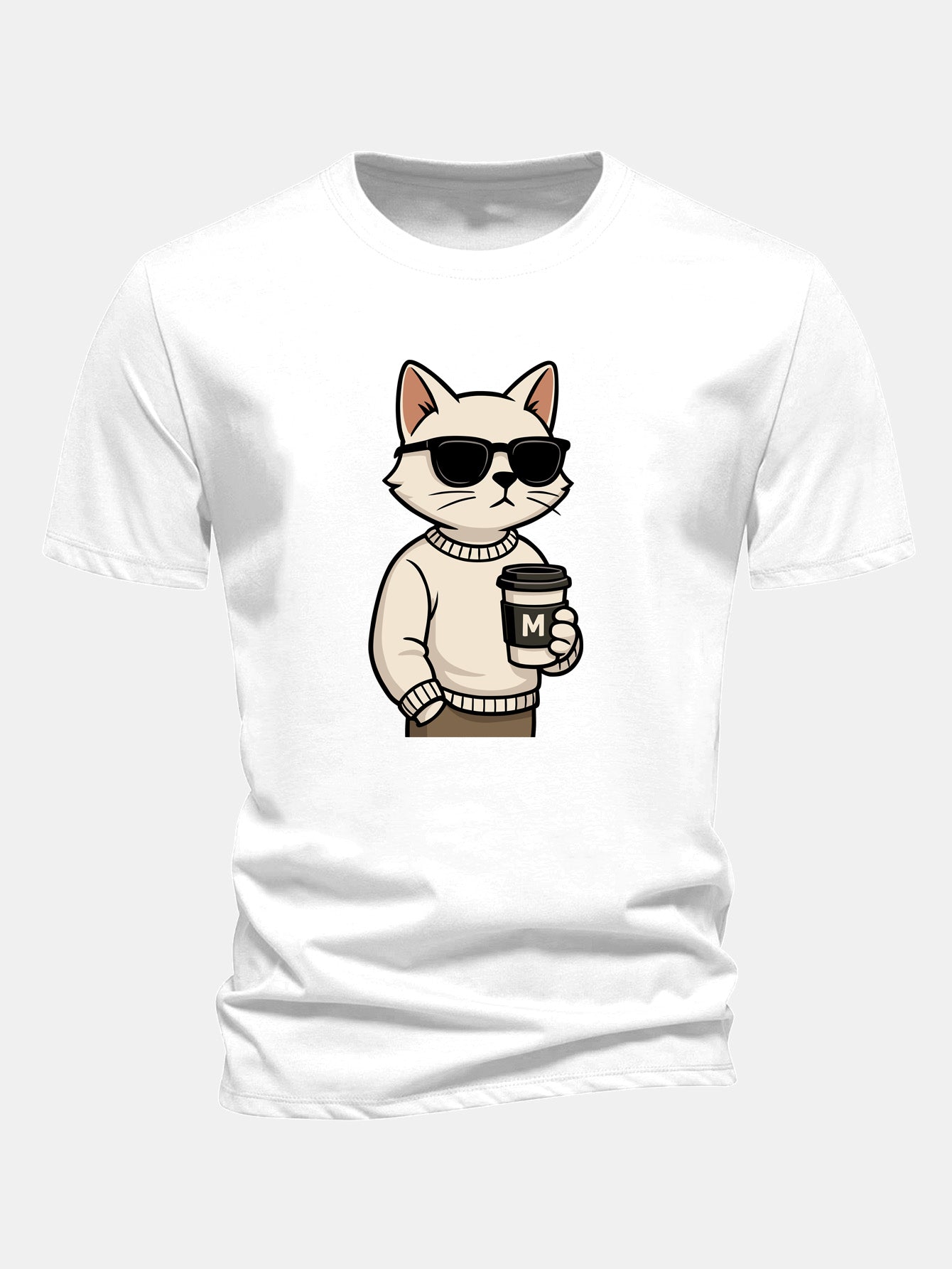 Regular Fit Cat Drinking Coffee Print Cotton T-Shirt