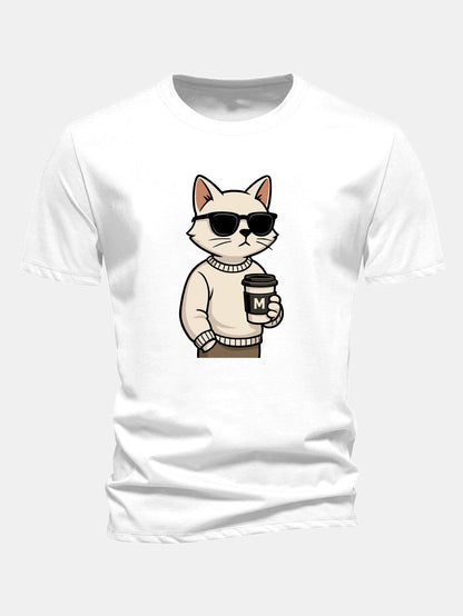 Regular Fit Cat Drinking Coffee Print Cotton T-Shirt