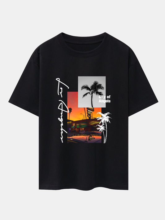 Los Angeles Scenery Print Drop Shoulder Oversize T-Shirt