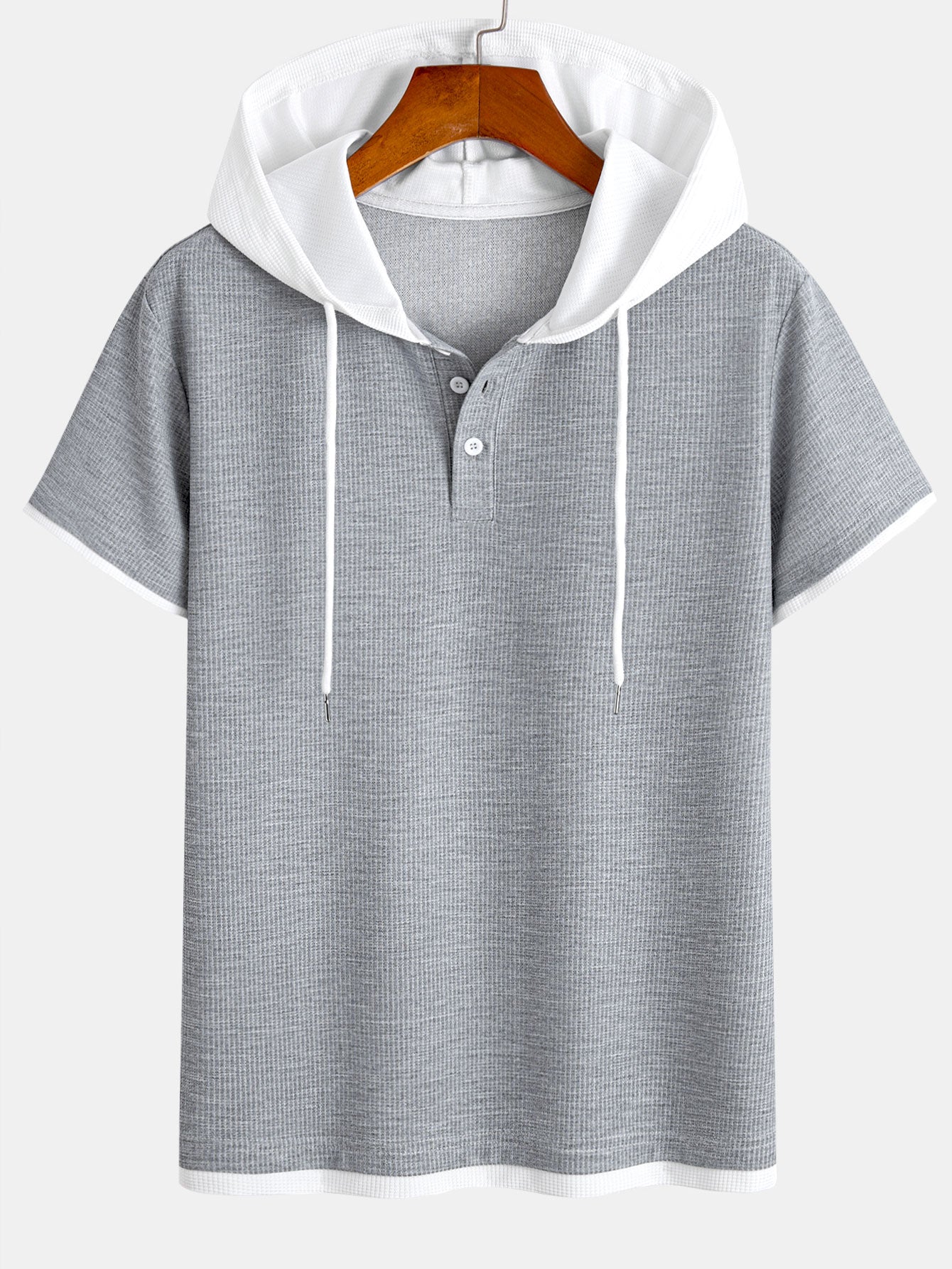 Contrast Button-Placket Waffle Hooded T-Shirt