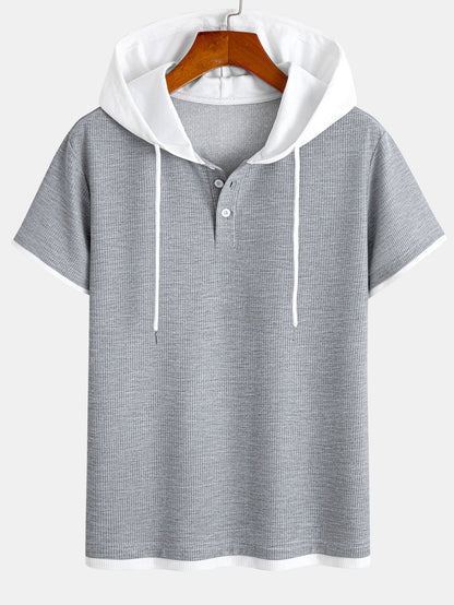 Contrast Button-Placket Waffle Hooded T-Shirt