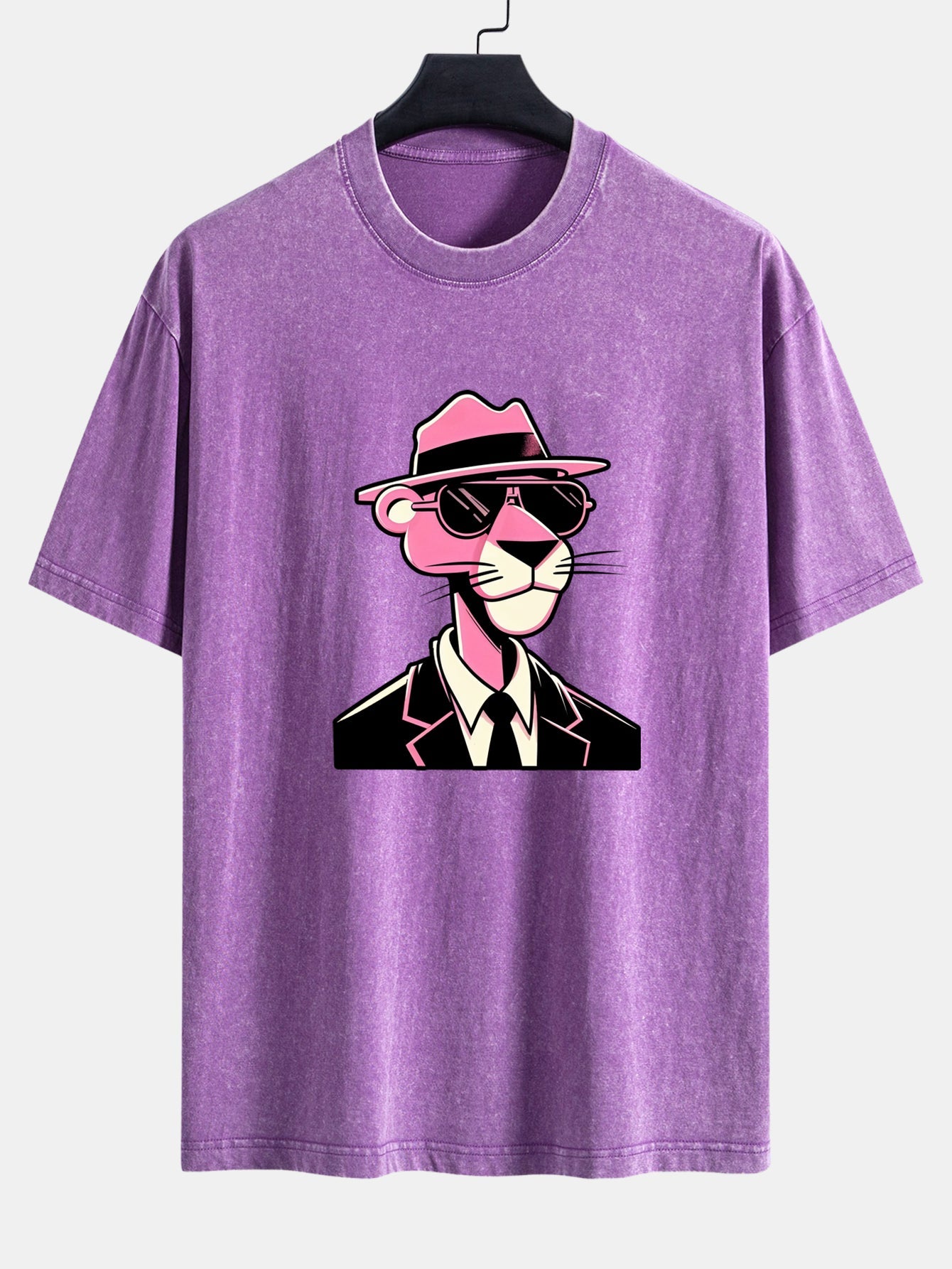 Pink Gentleman Panther Print Washed Distressed Drop Shoulder T-Shirt