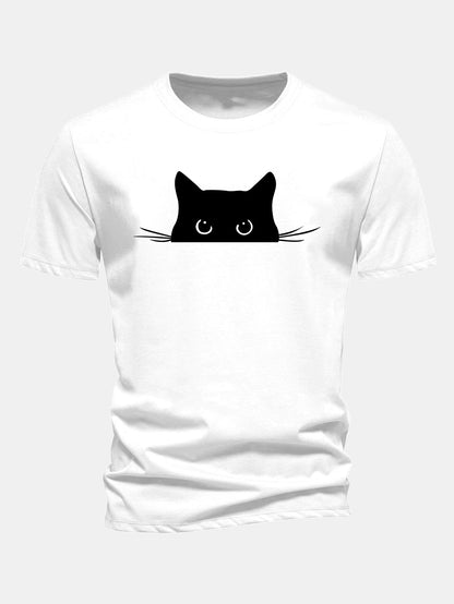 Regular Fit Black Cat Print Cotton T-Shirt