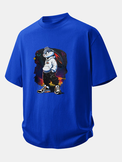 Relax Fit Cartoon Rabbit Print Cotton T-Shirt