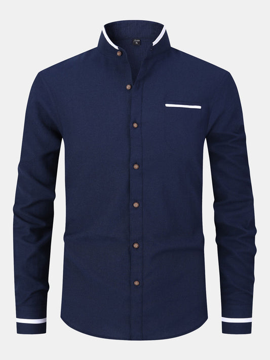 Long Sleeve Contrast Stand Collar Oxford Shirt