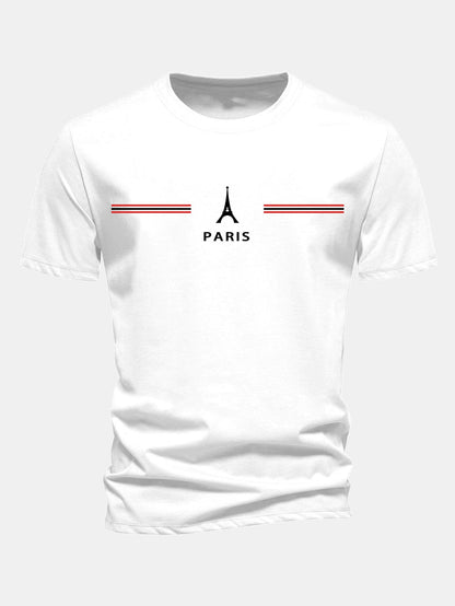 Regular Fit Paris Stripes Print Cotton T-Shirt