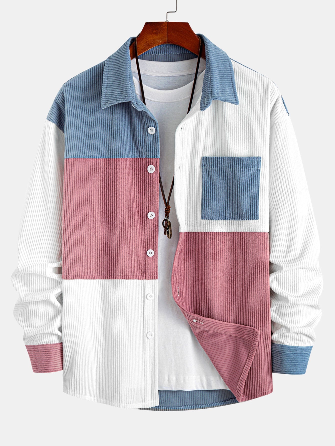 Relax Fit Color Block Corduroy Button Up Shirt
