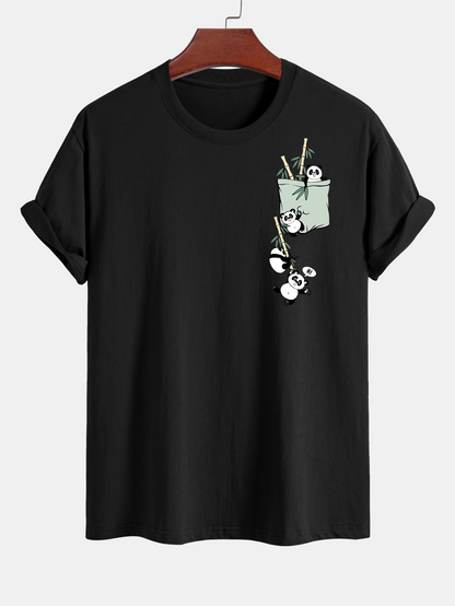 Regular Fit Pocket Panda Print Cotton T-Shirt