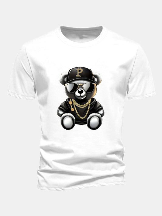 Regular Fit Hip Hop Bear Print Cotton T-Shirt