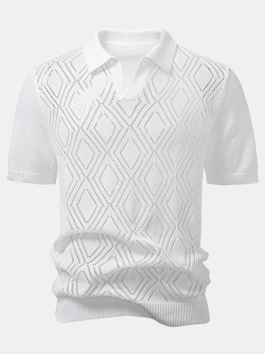 Geometric Crochet V Neck Polo Shirt