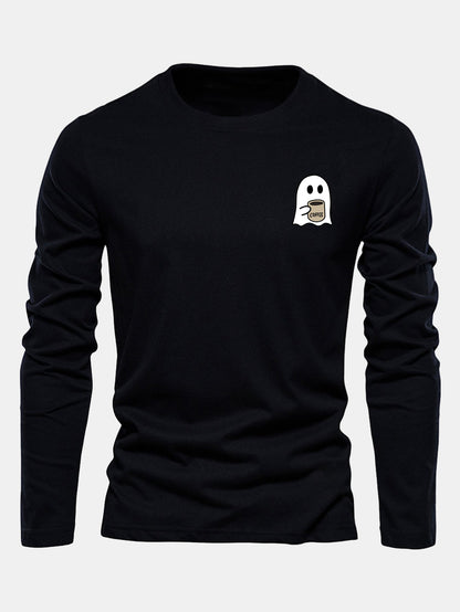Long Sleeve Ghost Drinking Coffee Print Cotton T-Shirt