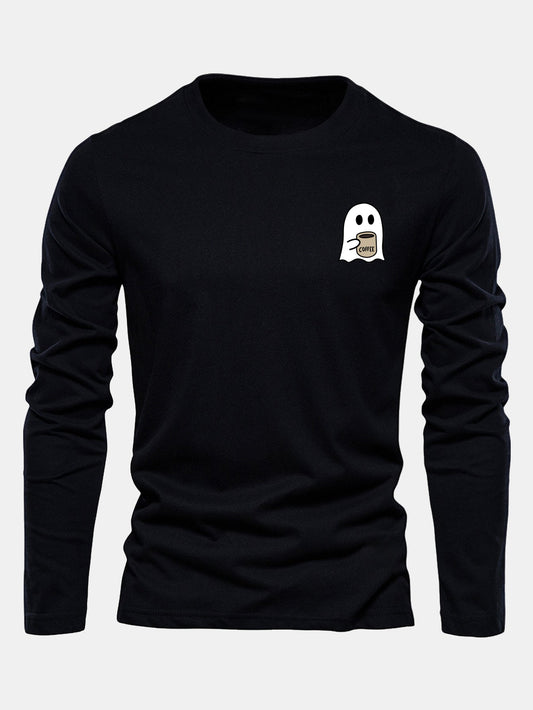 Long Sleeve Ghost Drinking Coffee Print Cotton T-Shirt