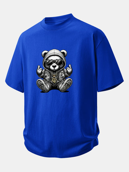 Relax Fit Hip Hop Bear Print Cotton T-Shirt