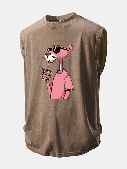 Pink Panther Print Washed Distressed Tank Top