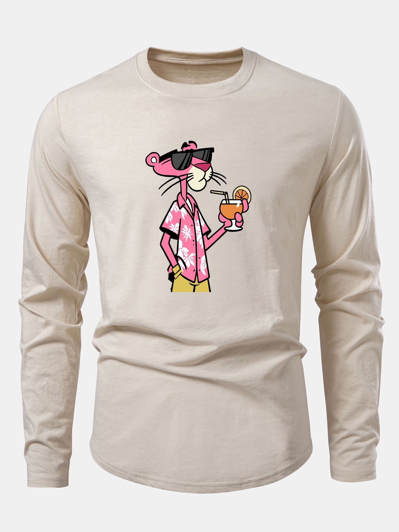 Vacation Pink Panther Print Cotton Arc Hem T-Shirt