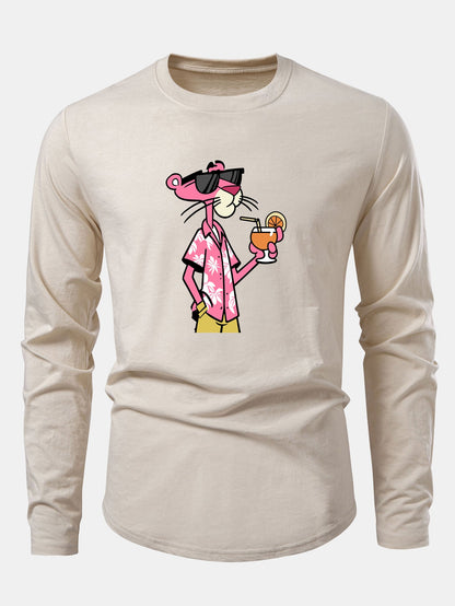 Vacation Pink Panther Print Cotton Arc Hem T-Shirt