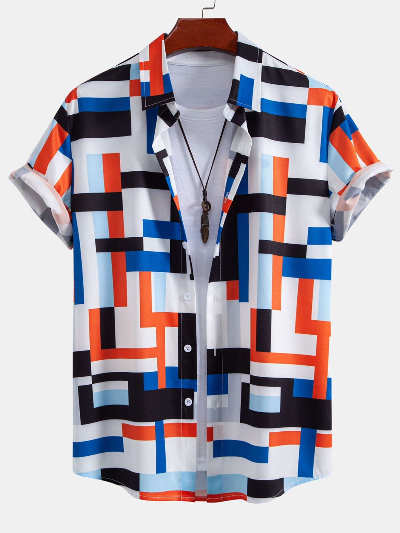 Striped Color Block Print Button Up Shirt