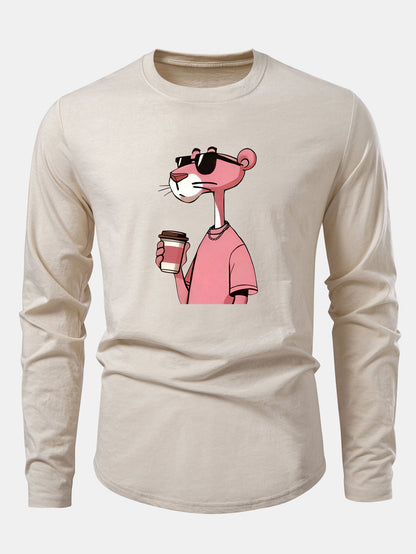 Pink Panther Drinking Coffee Print Cotton Arc Hem T-Shirt