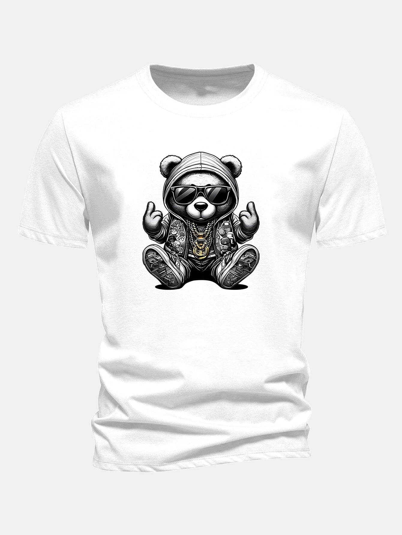 Regular Fit Hip Hop Bear Print Cotton T-Shirt
