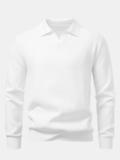 Long Sleeve Wave Jacquard V Neck Knit Polo Shirt
