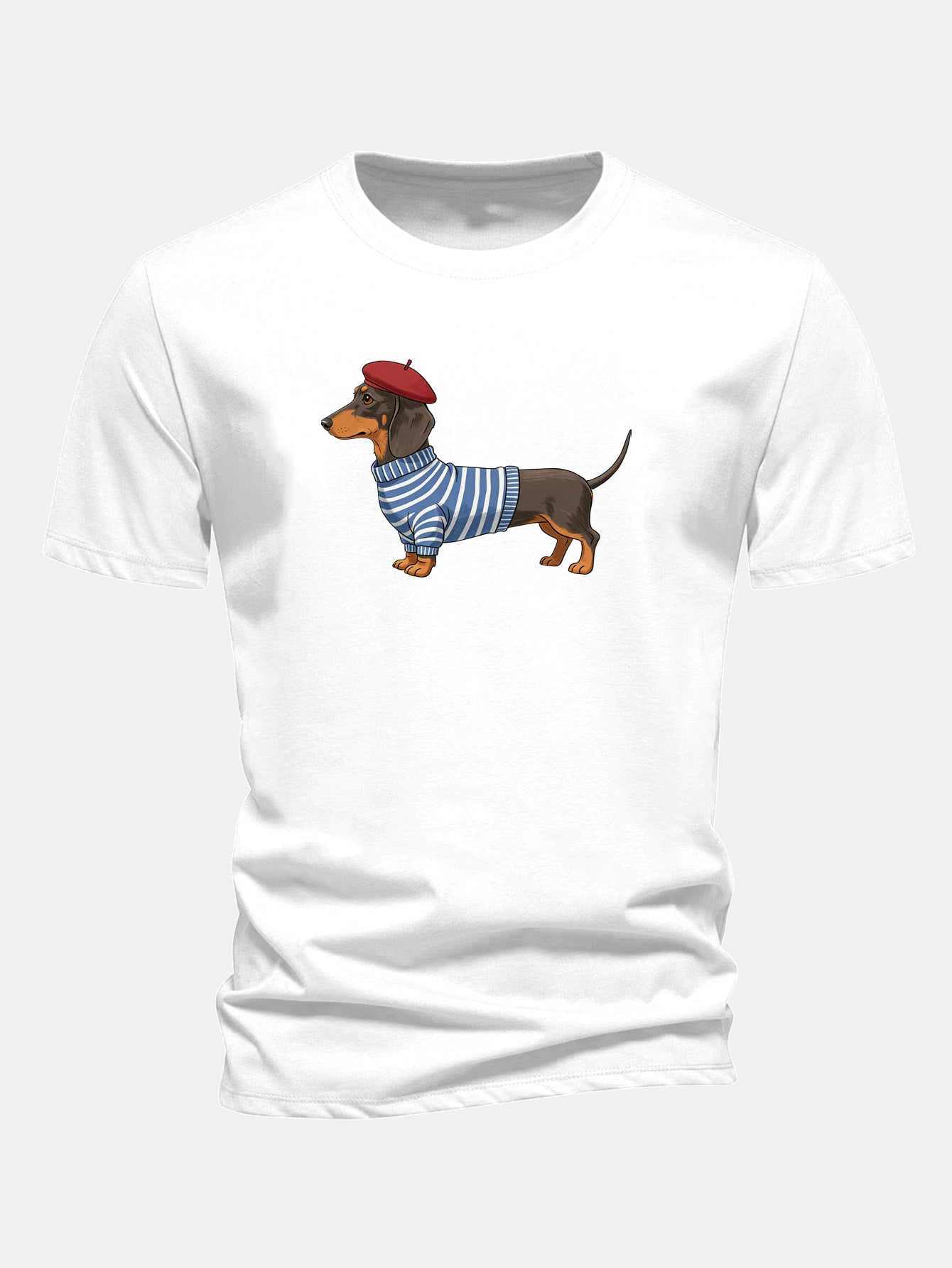 Regular Fit Dachshund Wearing Striped Sweater Print Cotton T-Shirt