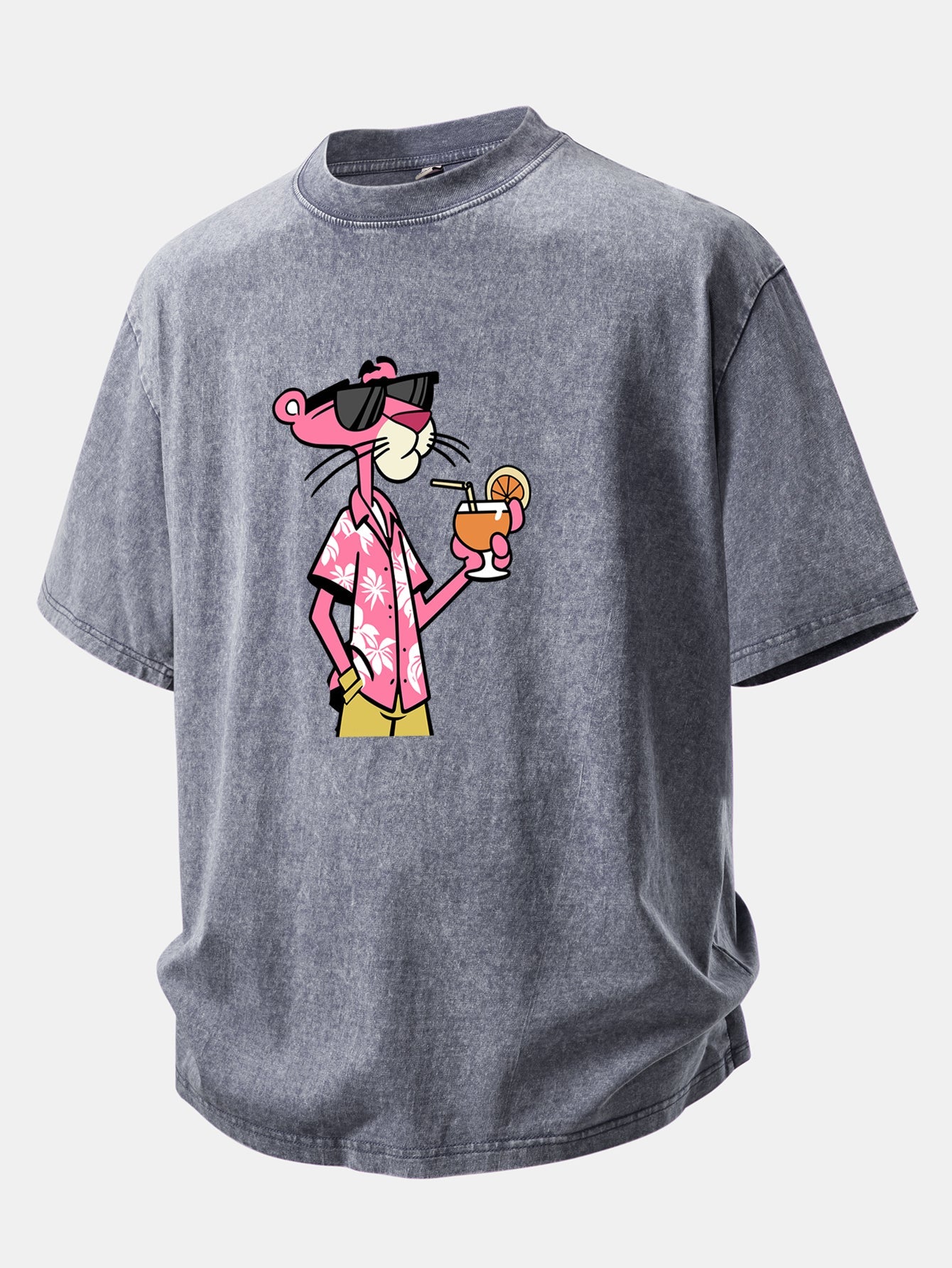 Vacation Pink Panther Print Washed Distressed Drop Shoulder T-Shirt