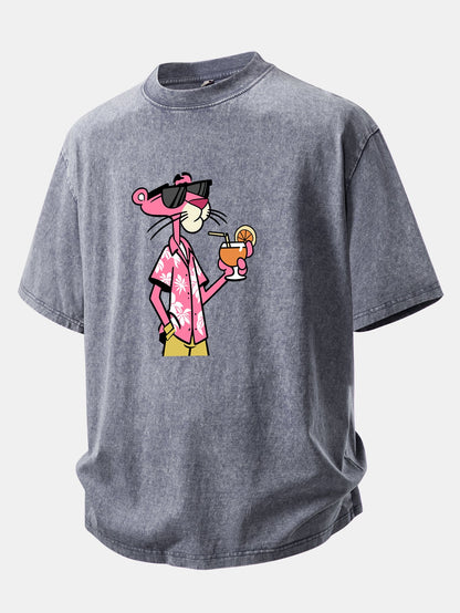 Vacation Pink Panther Print Washed Distressed Drop Shoulder T-Shirt
