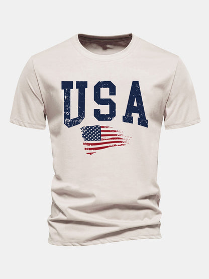 Regular Fit USA Flag Print Cotton T-Shirt