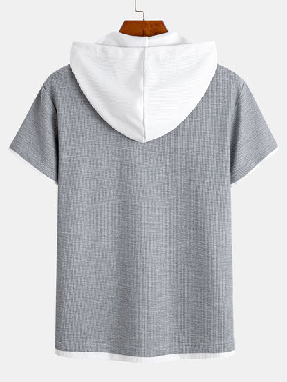 Contrast Button-Placket Waffle Hooded T-Shirt