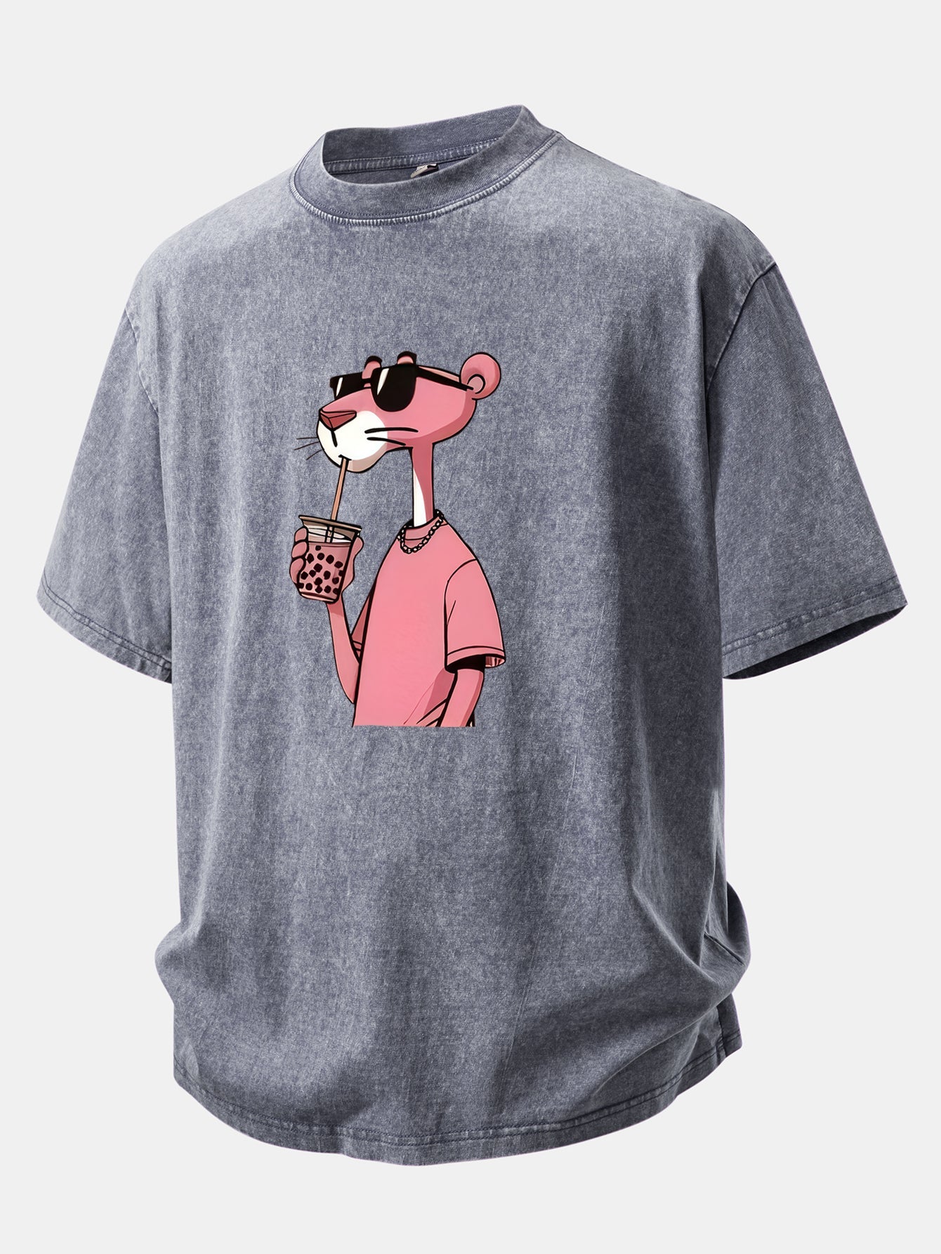 Pink Panther Print Washed Distressed Drop Shoulder T-Shirt