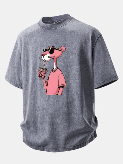 Pink Panther Print Washed Distressed Drop Shoulder T-Shirt