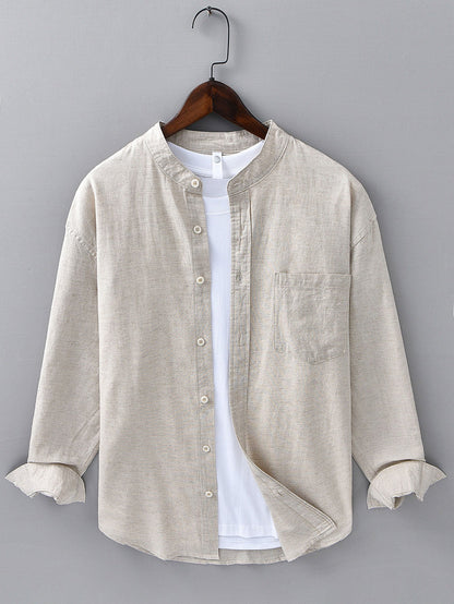 Long Sleeve Linen Cotton Stand Collar Shirt With Pocket