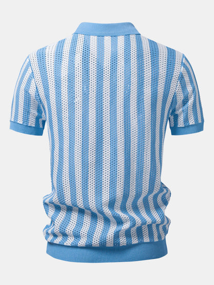 Stripe Johnny Collar Open Knit Polo