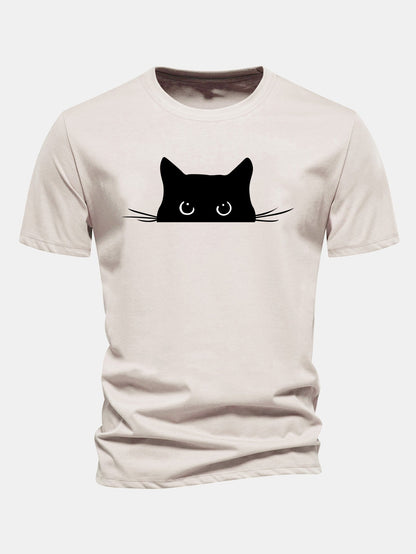 Regular Fit Black Cat Print Cotton T-Shirt
