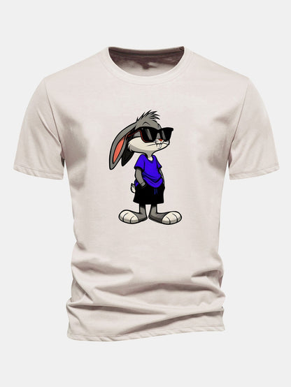 Regular Fit Sunglasses Rabbit Print Cotton T-Shirt