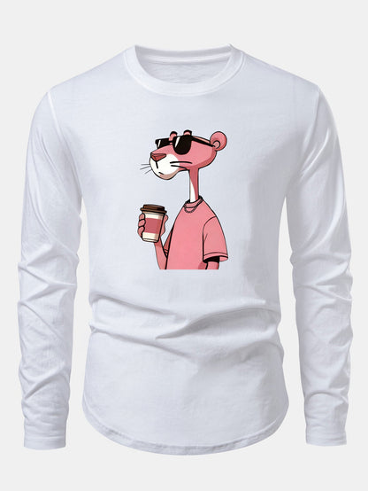 Pink Panther Drinking Coffee Print Cotton Arc Hem T-Shirt
