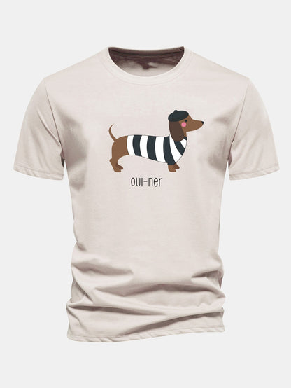 Regular Fit French Dachshund Print Cotton T-Shirt