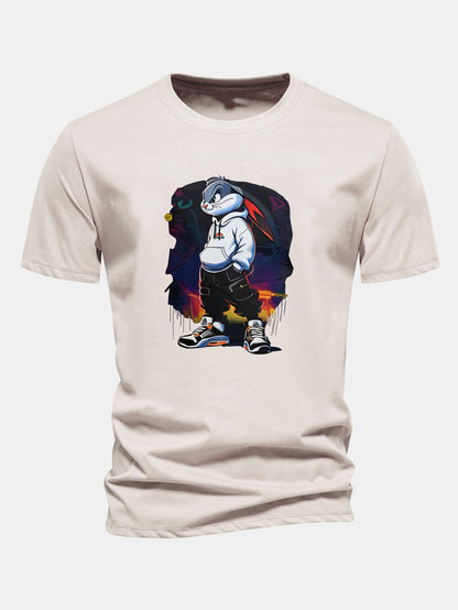 Regular Fit Cartoon Rabbit Print Cotton T-Shirt