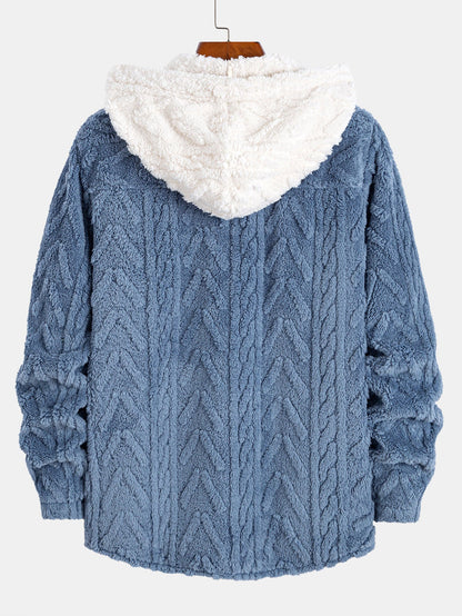 Contrast Geometric Jacquard Teddy Hooded Shirt