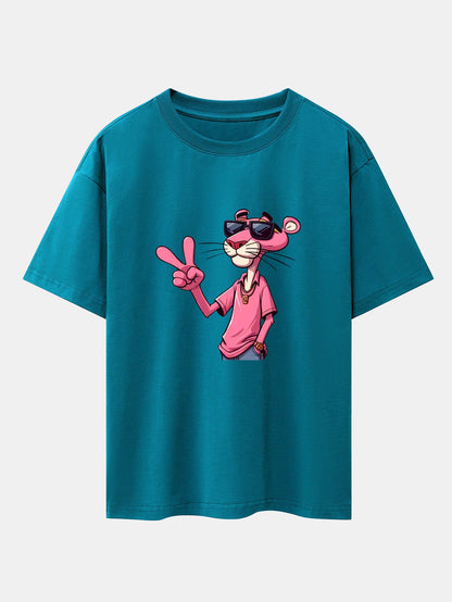 Pink Panther With V Sign Print Drop Shoulder Oversize T-Shirt